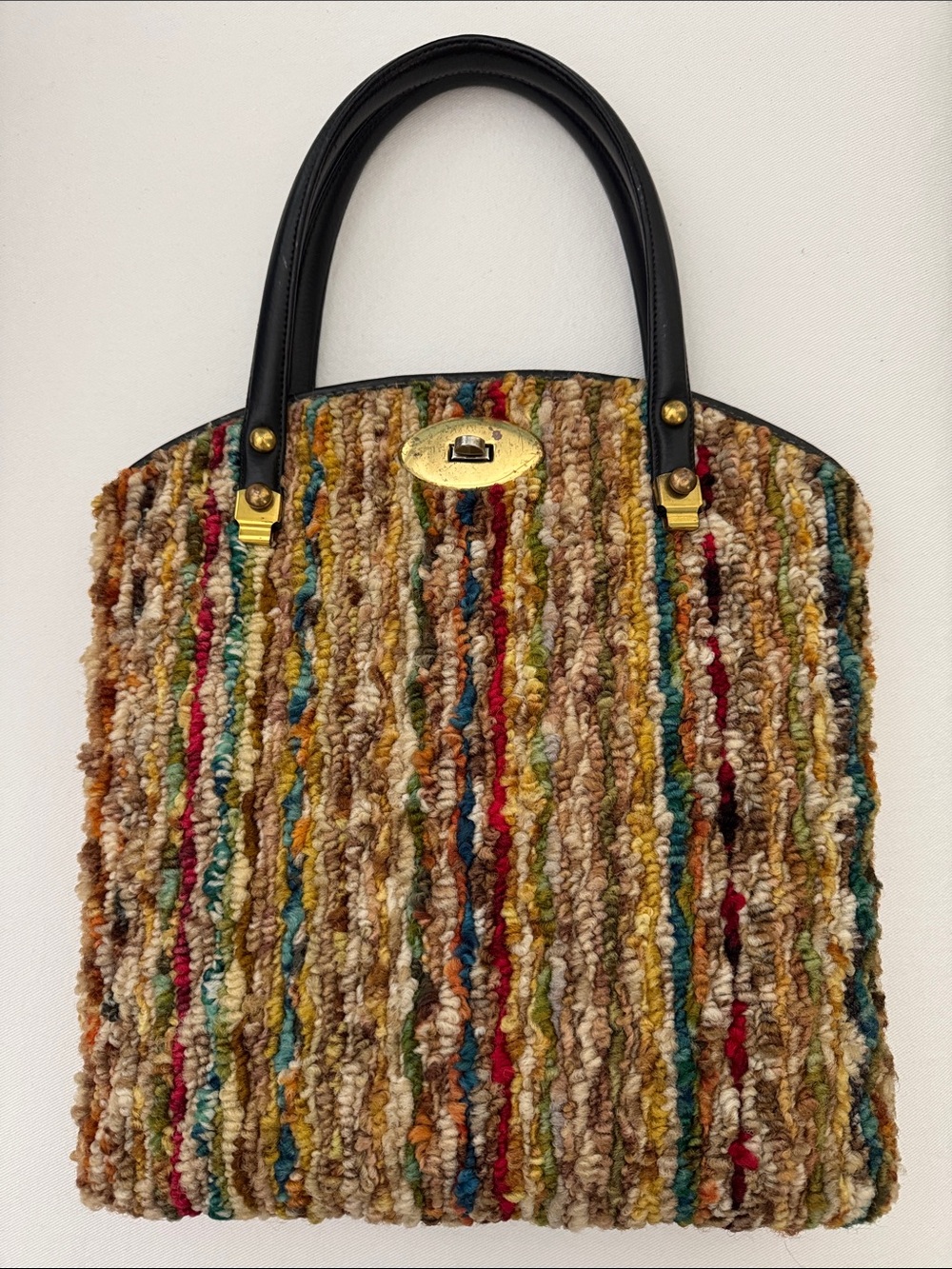 Vintage 60’s Jerry Terrence Multicolor Striped Carpet Bag with Black Handles
